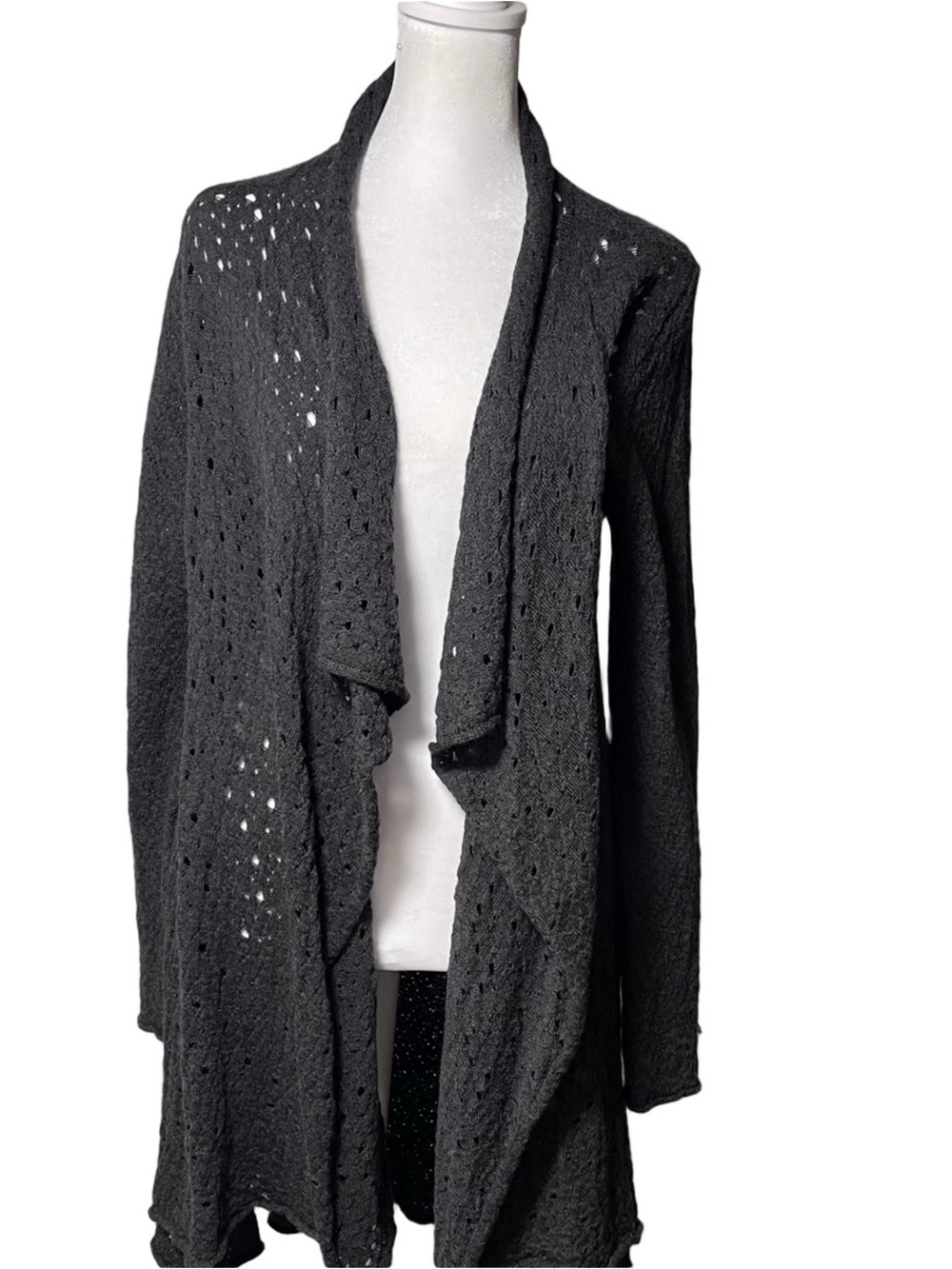 Eileen Fisher Marino Wool Hi-Low Open Front Waterfall Crochet Cardigan Sweater